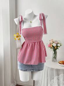 Sweetra Red Plaid Lace Trim Camisole Top, Sexy Cropped Fitted Tank Top For Women, Summer - Red - View 2