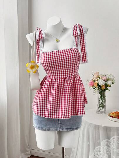 Sweetra Top de tirantes con encaje a cuadros rojos, top de tirantes ajustado y corto sexy para mujer, verano