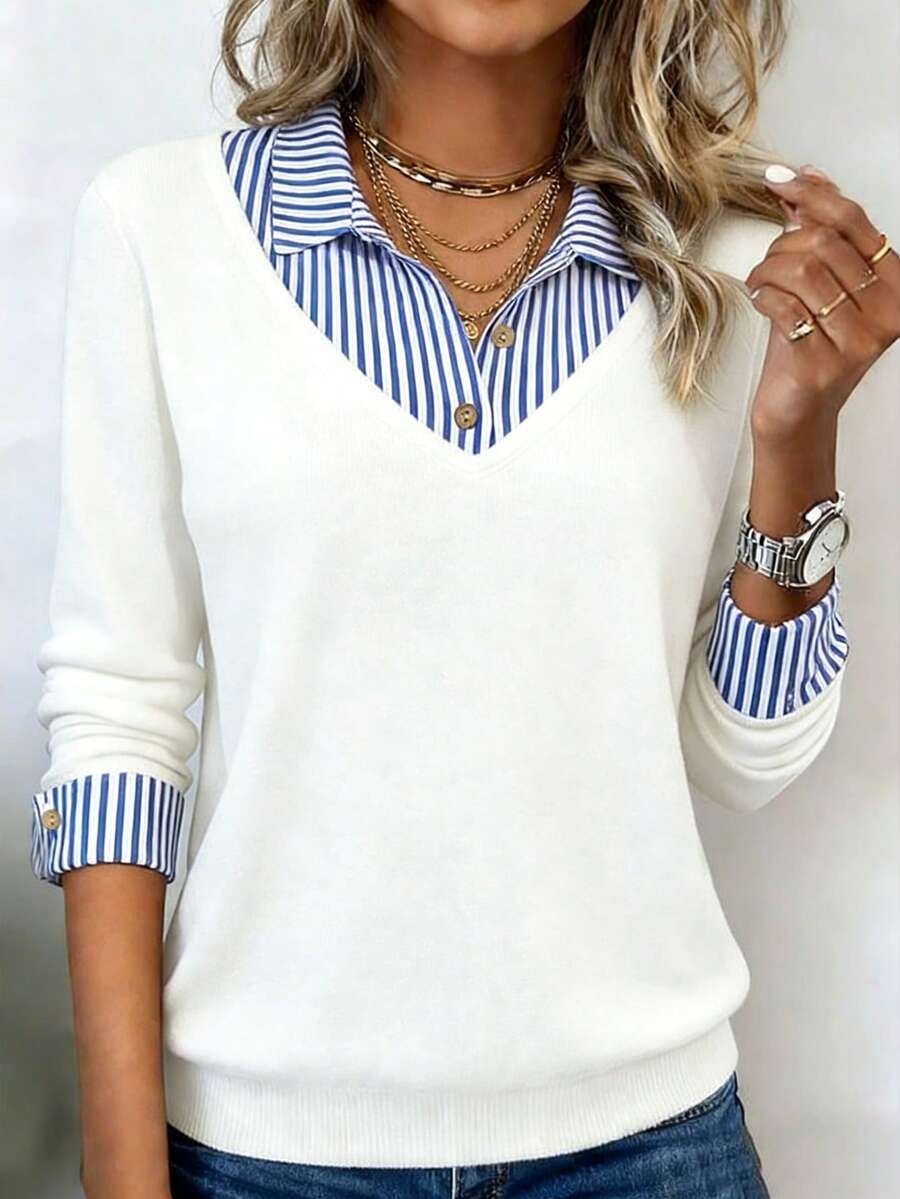 Blusa de mujer con cuello de camisa, manga larga y diseño de patchwork a rayas - Blanco - Ver 1