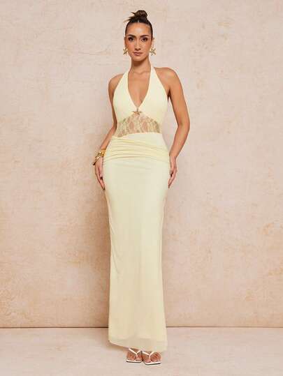 Lumalex Women's Halter Deep V Neck Starfish Gold Charm Sheer Lace Waist Ruched Backless Bodycon Maxi Dress, Perfect For Summer, Spring-Break Trips, Cruises, Beach Weekends, Vacations, Parties, Date Nights, Weddings, Proms, Banquets, Birthdays, Carnivals, Festivals, And Other Holiday Events. Showcases Romantic Valentine Vibes, Neo-Girly Charm, Boho-Casual Flair, Quiet Luxury, Business Chic, And Relaxed Vacay Elegance, Style For Luxury Proms, Receptions, Banquets, Weddings, Raves, Festivals, Holiday Gatherings, Outdoor Evening Occasions-Ideal, Party Looks
