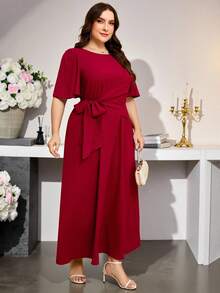 Enliva Plus Size Elegant Solid Color Tie Wrap Dress,Business Casual Woman, For Apple And Rounded Body Shape, For Summer - Burgundy - View 6
