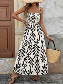 Brillora Zanzea Women's Full Print Ruffle Hem Spaghetti Strap Dress,Navy Blue And White,Boho,Summer,Vacation,Holiday Elegant Formal Flower Long Dresses Clothes - Black and White - View 12