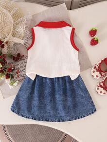 SHEIN Playful Pals 2pcs/Set Toddler Girls' Summer Outfit,Sleeveless Polo Neck Top & Embroidered Strawberry Denim Skirt,Matching Clothes For School,Family Vacation - Apricot - View 2