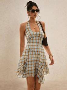Poéselle 女士格子露背系带连衣裙 - 藍色 - 查看 2