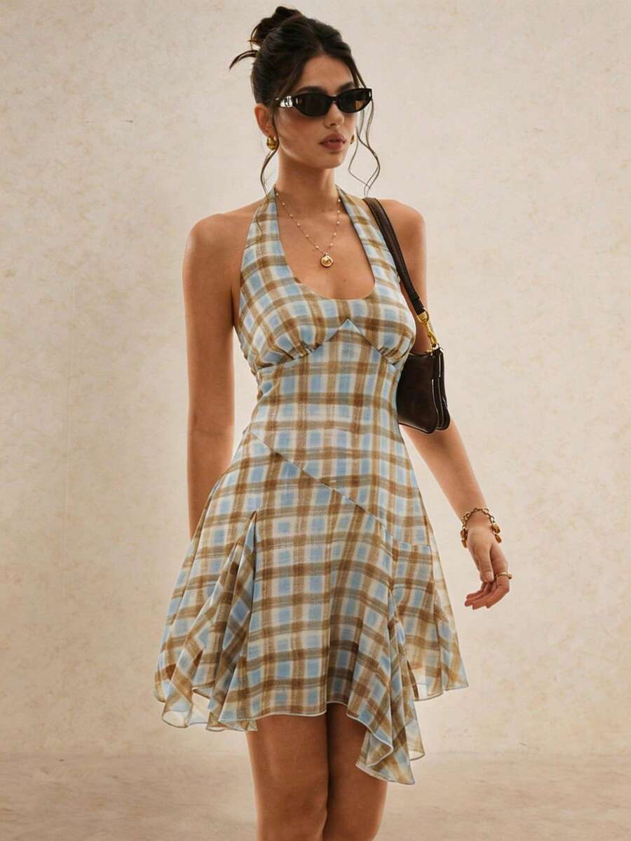 Poéselle 女士格子露背系带连衣裙