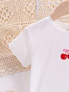 Tween Girls' Casual Cute Bow & Cherry Print, Cream Pink Striped Graphic, Round Neck Short Sleeve Shorts Pajama Set, Suitable For Summer, Y2K Style - Multicolor - View 4