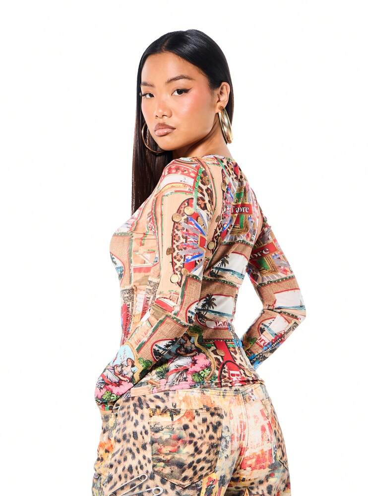 SUMWON WOMEN Damen Langarm Oberteil mit gemischtem Muster, Postkarten-Palme-Leopardenmuster, transparente Bluse aus Mesh