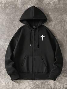 Manfinity Dauomo Men's Casual Fashionable Street Hoodie, Cross Embroidery, Zipper Front, Drawstring, Loose Fit, Suitable For Spring And Autumn Daily Commute - Black - View 5