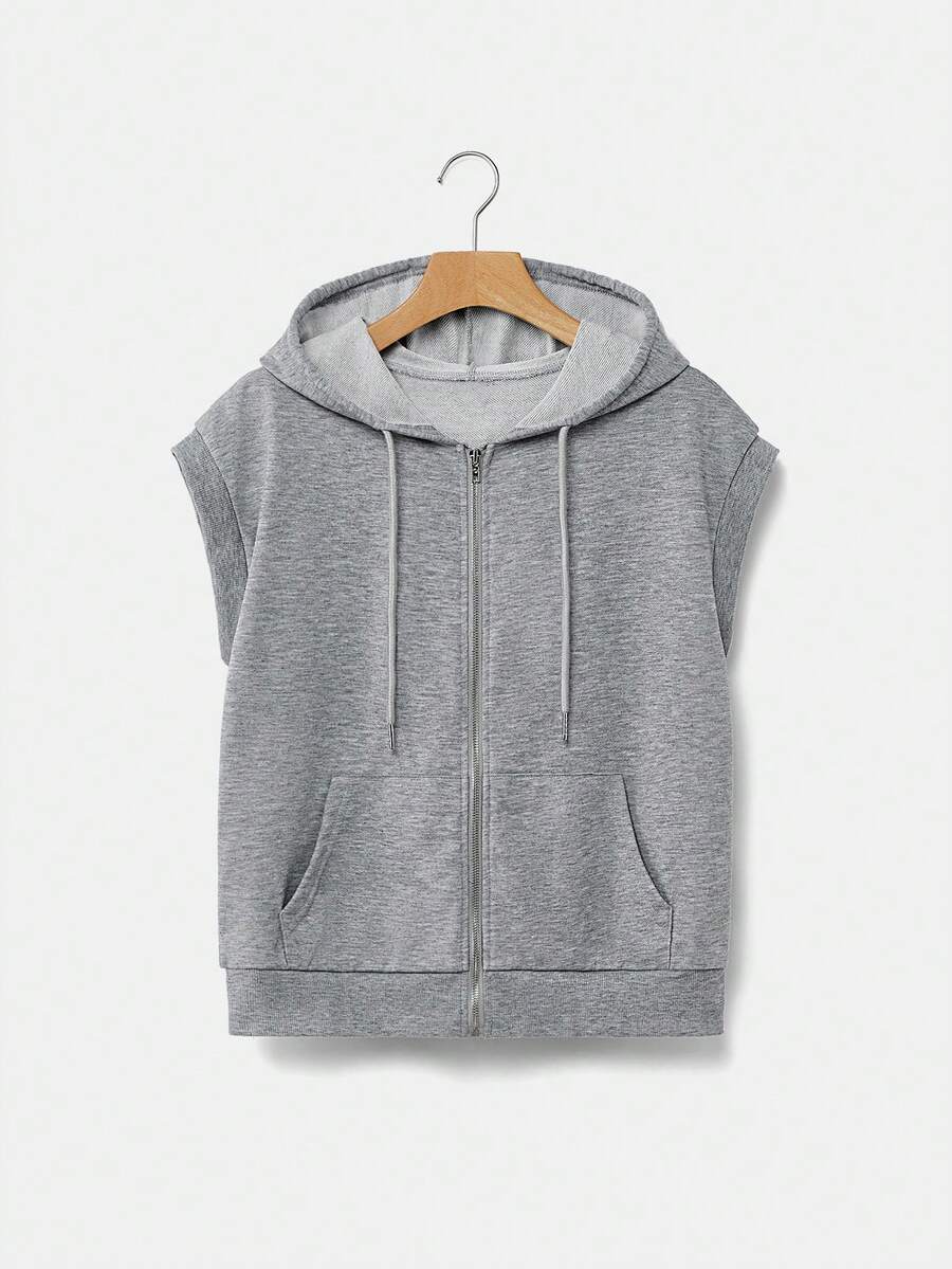 SHEIN EZwear Hanorac cu glugă cu buzunar de cangur, toamnă/iarnă, cu glugă, fără mâneci, hanorac cu glugă pentru femei, hanorac gri, haine pentru femei, hanorace cu glugă pentru femei, îmbrăcăminte cu glugă pentru femei, hanorac de vară - Gri - Vizualizare 1