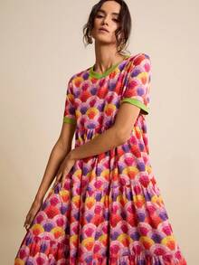 LOTSLUV 女士圆领短袖宽松连衣裙，扇形复古印花，粉色，春夏款 - 粉色 - 查看 3