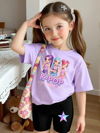 Conjunto de camiseta corta básica y shorts de ciclista con estampado gráfico de estrella, corazón, flor y letra, de estilo casual y fresco, adecuado para primavera, verano y otoño, para niñas jóvenes