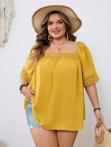 SHEIN CURVE+ Plus Size Women Floral Button Design Short Petal Sleeve Shirt - Yellow - View 8