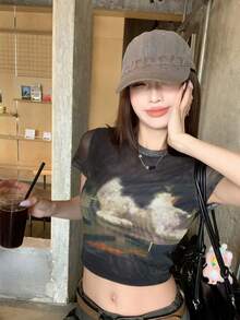 K-Vae 女士时尚性感透视网纱短袖修身露脐T恤，夏季 - 深灰色 - 查看 4