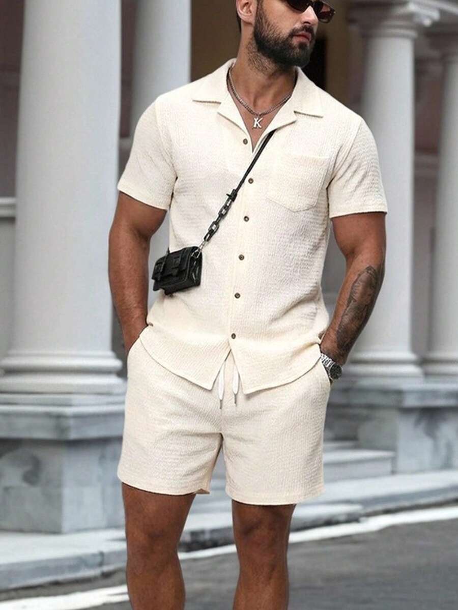 Manfinity Homme Men's Short Sleeve Textured Fabric Front Button Casual Summer Shirt - Apricot - View 1