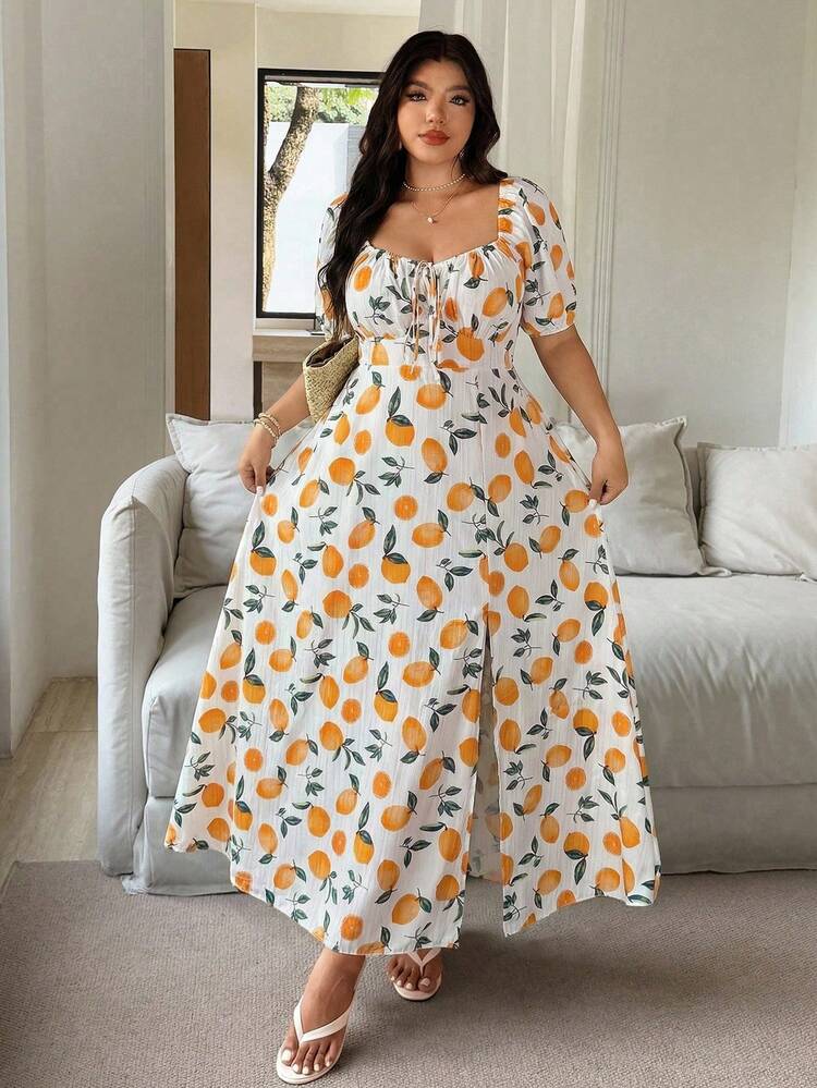 Vionelle Plus Size Women Lemon Pattern Textured Fabric Square Neck Strawberry Drawstring Puff Sleeve A-Line Midi Dress With Side Slit Sundress Long Women Vacation Dress Long Dress Summer Fruit Dress Orange Print Dress Spring Long Dress Womens Summer Dresses Womens Summer Outfits Womens Summer Co Ord Women Casual Dresses Womens Sundresses Dresses For Women Resort Wear Women Vacation Dress Summer Holiday Outfits Women Summer Outfit For Women Beachwear Dress - Yellow - View 3