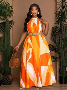 SOLERSUN Vestido holgado y casual con estampado para mujer talla grande, con cuello trasero con cordón, vestido de línea A para primavera y verano, vestido largo para vacaciones en la playa (con bolsillos laterales) - Naranja Quemada - Ver 5