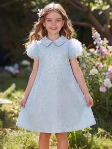 Elladie kids 1pc Girls Summer New Loose Fit Collared Dress, Flared Sleeves, Mesh Design, Straight Silhouette, Simple Yet Fashionable & Elegant Princess Style - Blue - View 1