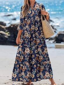 Sylviya 女士休闲花卉图案V领褶饰长袖连衣裙，适合秋季 - 藏蓝色 - 查看 4