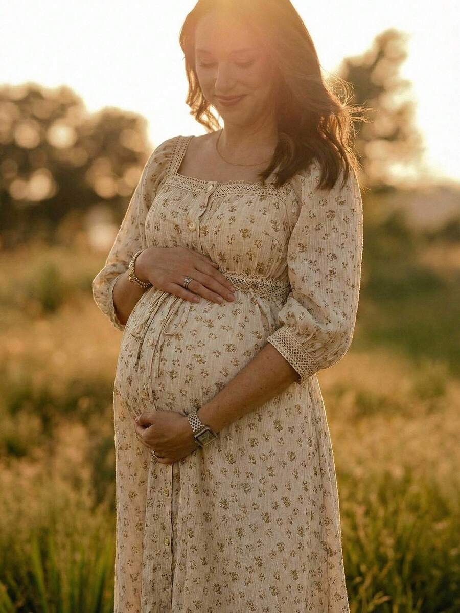 Boho Mama 孕妇碎花七分袖单排扣休闲连衣裙 - 杏色 - 查看 1