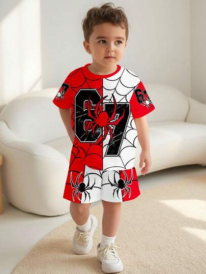 SHEIN Conjunto de camisetas casuales minimalistas para niño, con estampados clásicos de cultura urbana como el dígito 6, 7, telaraña y araña, en colores contrastantes, adecuado para primavera y verano