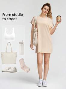 GLOWMODE 側口袋鬆身休閒模混紡T卹連衣裙 - 杏色 - 查看 7