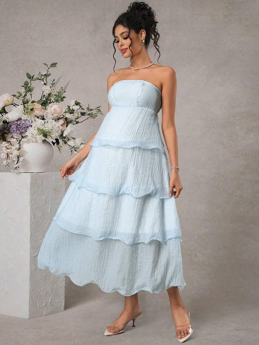 Momance 孕妇无肩带A字型层叠下摆长裙 - 淺藍色 - 查看 1