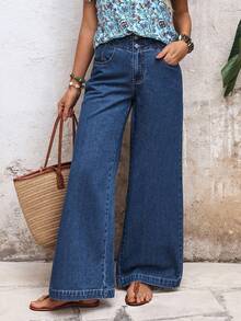 EMERY ROSE Women's Pocket Button Casual Versatile Daily Wear Wide Leg Jeans - Blue - View 1