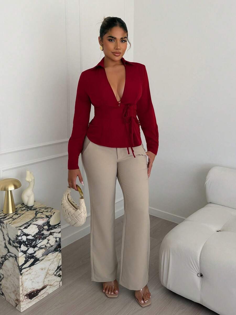 Maria Perezxox 性感领口侧系带修身女士长袖衬衫 - 酒紅色 - 查看 1