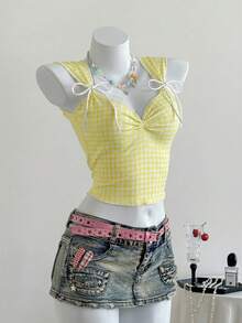 SHEIN EZwear 格子系带心形领修身露脐背心（女款） - 黃色 - 查看 5