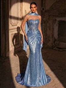 Glamrae 优雅蓝色奢华3D串珠刺绣抹胸美人鱼扭结裹身修身鱼尾连衣裙，适合约会、度假、单身派对、婚礼、女士晚礼服 - 藍色 - 查看 3