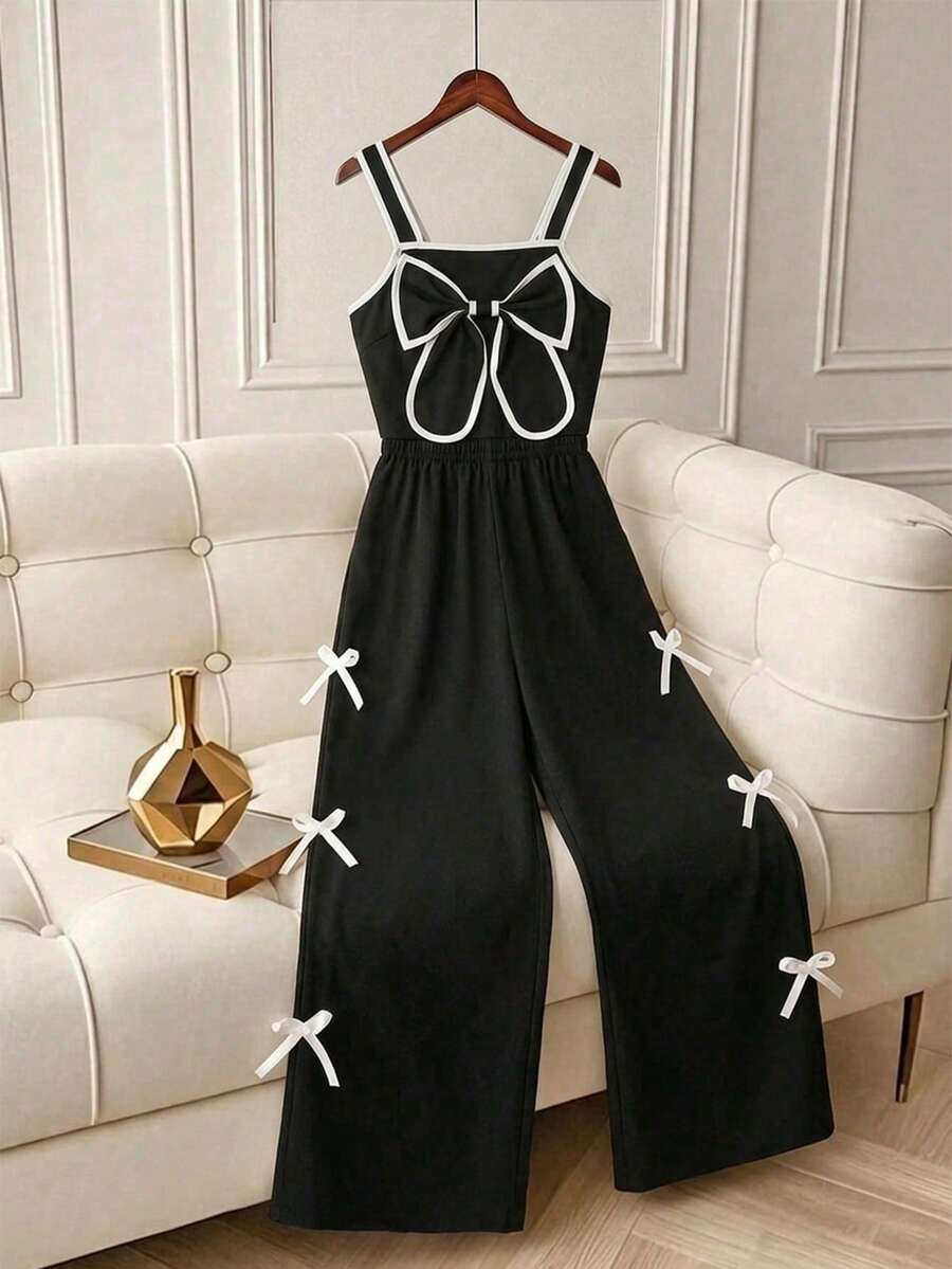 SHEIN Bộ 2 món cho bé gái tuổi teen: Áo croptop hai dây phối màu tương phản thanh lịch và quần ống đứng dệt họa tiết nơ, trang phục thường ngày, đi nghỉ mát, dự tiệc.