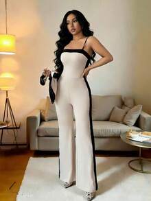 Rafferiza Women's Elegant Pink And Black Summer Tea Party 2-Piece Set,Short Sleeve Cardigan & Fitted Waist Color-Blocked Jumpsuit, Bodycon Flared Pants - Apricot - View 3