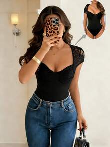 RiviMae 优雅蕾丝拼接连体衣，黑色短袖连体衣，适合春夏穿着，性感胸衣式连体衣 - 黑色 - 查看 7