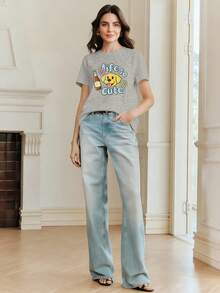 Elaire Women's Summer Fashion Vacation Beach Festival Casual Versatile Black Short Sleeve Carnival Pattern T-Shirt - Grey - View 5