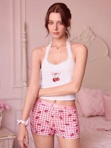 SweetSlumber Sweet Ins Style Cherry Print Lace Panel Halter Neck Ladies Sleepwear Top - White - View 3