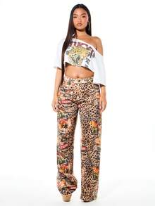 SUMWON WOMEN Women's Oversized Off Shoulder Distressed Tokyo Leopard Graphic Tee With Asian Script Streetwear Fashion Casual Top - White - View 5