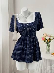 Sweetra 方领拼接纽扣波点腰部A字短袖针织优雅复古休闲可爱大码女式T恤 - 藍色 - 查看 3