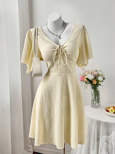 Sweetra Summer New Women's Solid Color Casual Minimalist Cinched Waist Slim Short Sleeve Dress