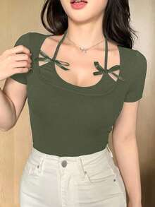 DAZY 女士夏季露背蝴蝶结装饰性感休闲修身短袖T恤 - 軍綠色 - 查看 2