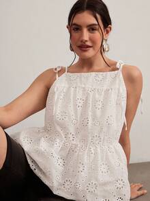 Freevana Plus Size Casual Solid Color Hollow Out Embroidery Camisole Summer Holiday Outfits Boho Style Hippie Country Island Vacation - White - View 8