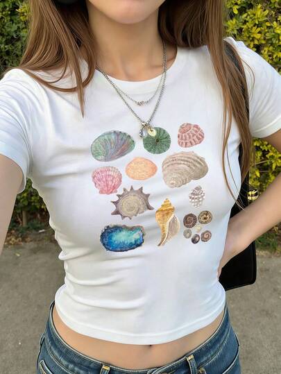 Suitable For All Seasons, Beach & Resort Wear, Women & Teens Seashell & Starfish Print Snug Fit BM Style Short Sleeve Top