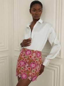 Aveloria Rosie 法国奢华重工撞色钩编镂空蕾丝花卉高腰女士蕾丝边短裙 - 粉色 - 查看 4