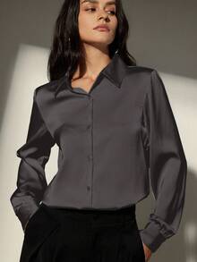 Aveloria Modichic Solid Color Button Down Long Sleeve Shirt Holiday Party Clothes Button Up Shirt Women  - Black - View 6