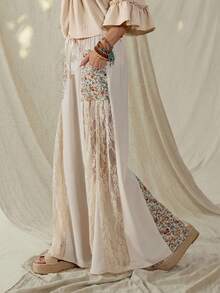 Wildy Phong cách lễ hội âm nhạc Boho, trang phục thường ngày kiểu miền Tây, chất liệu ren và hoa, phối hợp nhiều mảnh, dành cho nữ mùa xuân/hè. Quần ống rộng thoải mái, thích hợp mặc hàng ngày, đi làm, đi nghỉ mát, bộ đồ Boho cho nữ, trang phục đi biển, trang phục mùa hè cho nữ, quần áo lấy cảm hứng từ Free People. - Màu be - Xem 2