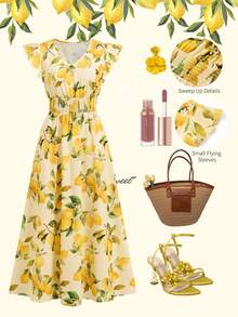 Ellevyn 柠檬印花褶皱短袖连衣裙 - 黃色 - 查看 2