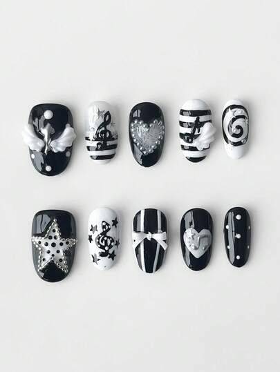 10 Pieces Of Cute Style Hand-Painted Cherry Blossom Music Note Fake Nail Piece + 3 Pieces Of Double-Sided Tape, Retro French Style Black And White Polka Dot Star Element Nail Art, Y2K Removable Short Oval Wearing Nail, Reusable Nail Art In Four Seasons, Suitable For Daily, Dating Wear