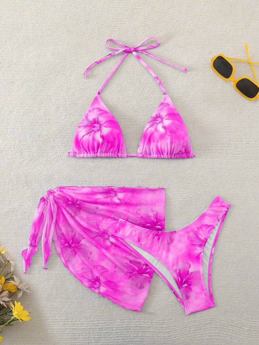Swim Mod 女士印花挂脖系带泳装套装 - 紫色 - 查看 1