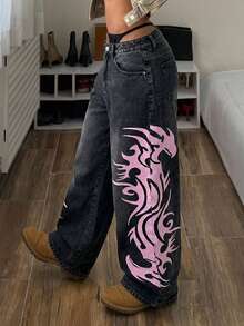 StreetHx 女士休闲百搭日常穿着火焰图案口袋纽扣牛仔阔腿裤 - 黑色 - 查看 8