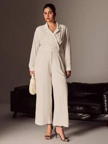 Juhart 大码女式梭织常规春秋优雅办公室长袖翻领连体裤，杏色 - 杏色 - 查看 3