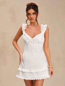 SHEIN BAE Pure White Backless Tie-Up Ruffle Hem Mini Dress, Lightweight Fitted White Dress, Women's Spring/Summer, Back To School, Graduation Season, Pure White, Wedding Guest Attire, Minimalist Elegant Sexy Dress, Graceful Dress, Wedding Guest Outfit, Vacation & Date Tea Party Dress For Women,Summer Dresses For Women - White - View 5
